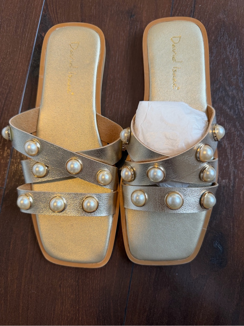 David Isaac Gold Metallic Faux Pearl Slides Square Toe 9 flat sandals
